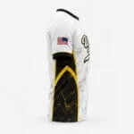 Custom sublimated baseball jersey side view with USA flag and black gold panels
