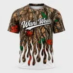 Custom camo baseball T-shirt jersey front view with Wani Wear logo and white flame design