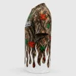 : Custom sublimated camo baseball jersey side view with woodland leaf pattern and white flames