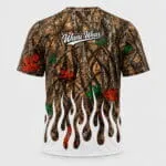 Custom camo baseball T-shirt jersey back view with Wani Wear logo and flame graphics