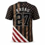 Personalized American flag baseball jersey back view with player name Kadau and number 27