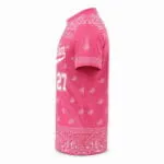 Custom sublimated pink baseball jersey side view with paisley sleeve and bandana pattern
