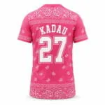 Personalized pink baseball T-shirt jersey back view with player name Kadau and number 27