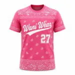 Custom pink baseball T-shirt jersey front view with white paisley pattern and player number 27
