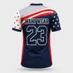 Personalized American flag baseball jersey back view with Wani Wear name and number 23