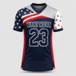 Custom American flag baseball jersey front view with navy red white design and player number 23