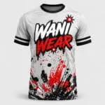 Custom sublimated baseball T-shirt jersey front view with red black and white splatter design