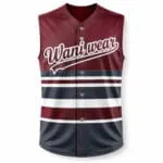Custom sublimated sleeveless baseball jersey front view in maroon and charcoal