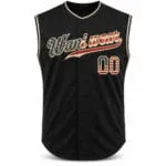 Custom black sleeveless baseball jersey front view with team logo and number