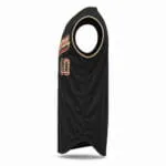 Black sleeveless baseball jersey side view with gold armhole piping