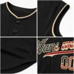 Close-up of baseball jersey fabric, collar piping, buttons and reinforced stitching