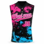 Custom two-button sleeveless baseball jersey front in black, pink and blue with number 26