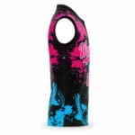 Sublimated sleeveless baseball jersey side view with pink and blue splatter design