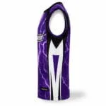 : Purple sublimated sleeveless baseball jersey side view with contrast panels