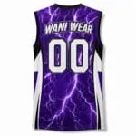 Personalized purple sleeveless baseball jersey back with team name and number 00