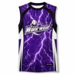 Custom purple lightning sleeveless baseball jersey front view with team logo