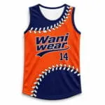 Custom sleeveless baseball jersey front view in orange and navy with number 14