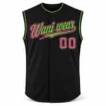 Custom black full-button sleeveless baseball jersey with pink and green team logo