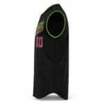 Black sleeveless baseball jersey side view with neon-green armhole piping