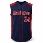 Custom sleeveless baseball jersey front view with team logo and number