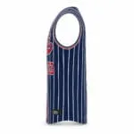 Navy pinstripe sleeveless baseball jersey side view with branded hem label