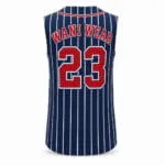 Personalized navy pinstripe baseball jersey back with team name and number 23
