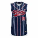 Custom navy pinstripe sleeveless baseball jersey front with team logo and number 23