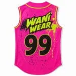 Personalized pink sleeveless baseball jersey back with team name and number 99