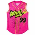Custom pink sleeveless baseball jersey front view with full buttons and number 99
