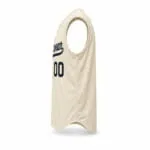 Cream sleeveless baseball jersey side view with curved athletic hem
