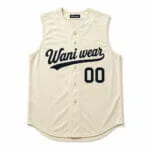 Custom cream full-button sleeveless baseball jersey front with navy logo and number 00