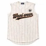 Custom white and orange pinstripe sleeveless baseball jersey front with team logo