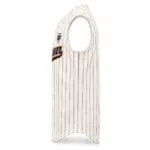 White pinstripe sleeveless baseball jersey side view with curved hem