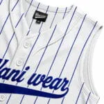 Breathable mesh and full-button stitching on custom blue pinstripe baseball jersey