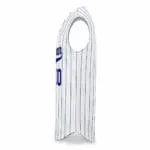 White and blue pinstripe sleeveless baseball jersey side view with curved hem