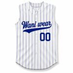 Custom white and blue pinstripe sleeveless baseball jersey front with number 00