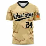 Custom V-neck baseball jersey front view by Wani Wear
