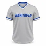 Custom V-neck baseball jersey front view by Wani Wear