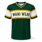 Green white and gold custom V-neck baseball jersey front view