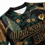 Close-up of custom baseball jersey fabric, collar and stitching