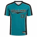 Teal and black custom V-neck baseball jersey front view