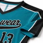 Reinforced V-neck and sleeve stitching on baseball jersey