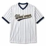 White and navy custom V-neck baseball jersey front view
