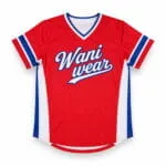 Custom V-neck baseball jersey front view with Wani Wear team logo