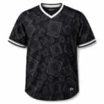 Black custom all-over print V-neck baseball jersey front view