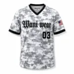 Custom grey camo V-neck baseball jersey front view