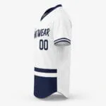 White and navy custom baseball jersey side view