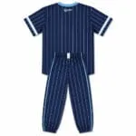 Back view of navy baseball jersey and pants