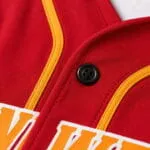 Reinforced stitching and button details on baseball jersey