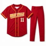 Custom red full-button baseball uniform with matching pants
